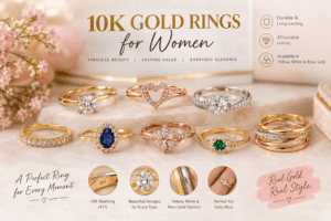 10K gold rings for women in yellow, white, and rose gold with elegant gemstone designs.Luxury women’s gold rings displayed on a marble surface in a stylish jewelry arrangement.