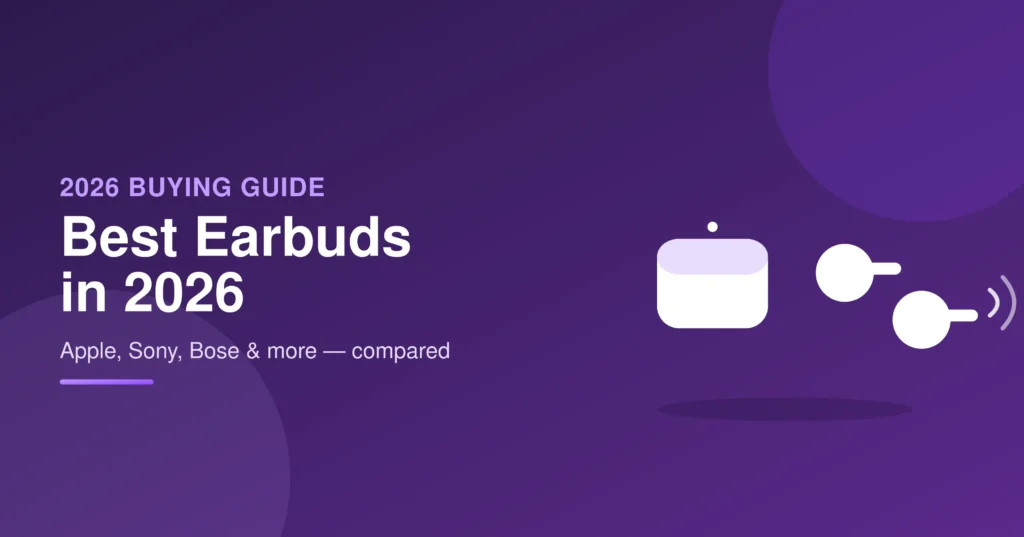 Purple gradient graphic with wireless earbuds and charging case, text reading 'Best Earbuds in 2026 buying guide
